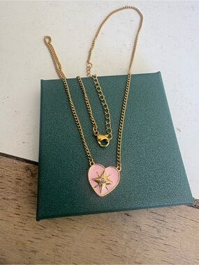 Gold-Tone Pink Heart Pendant Necklace with Star Accent